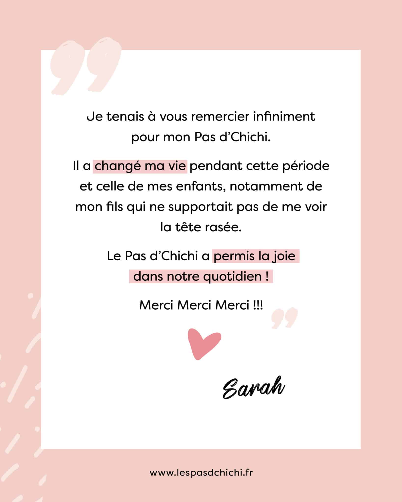 Sarah a découvert le Pas d’Chichi, une prothèse capillaire partielle réalisée avec ses propres cheveux. Une alternative naturelle et réconfortante aux perruques synthétiques, qui a changé son quotidien… et celui de ses enfants. Témoignage inspirant à lire pour toutes les femmes touchées par la chimiothérapie.